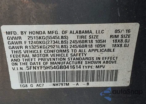 2016 Honda Pilot Ex-L from USA, damaged, VIN 5FNYF5H54GB041614